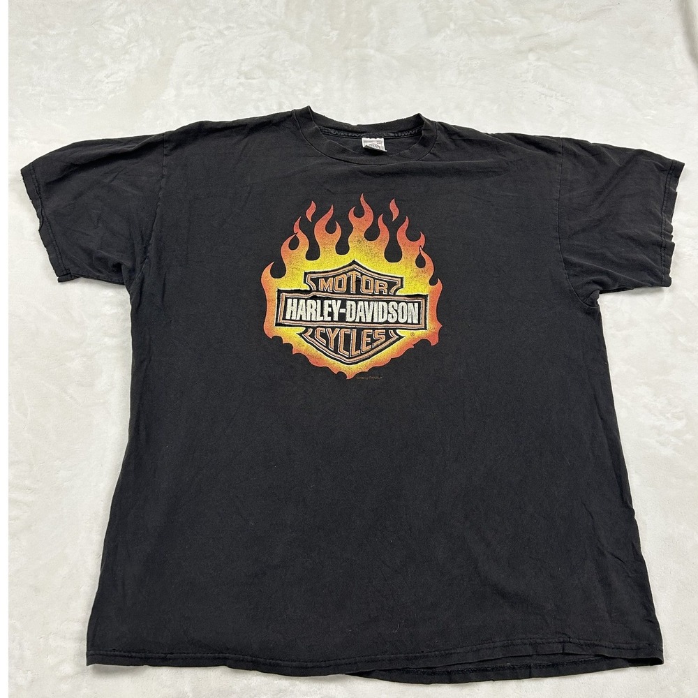 Harley-Davidson T-Shirt Mens XXL Black Distressed Flame Shield Graphic Tee